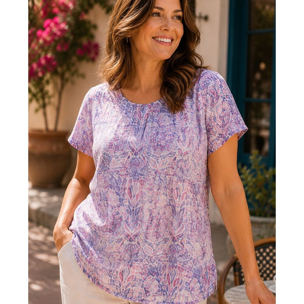 J Jill Petite 100% Linen Paisley Short Sleeve Blouse Relaxed Fit L
